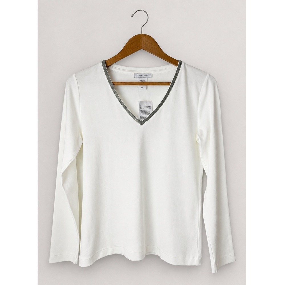 Joan Vass V Neck Top Women Small White NWT Silver Bead Trim Long Sleeve Cotton